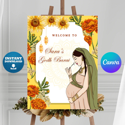 Godh Bharai Ceremony Sign Template | Indian Baby Shower Welcome Sign CreativeRino