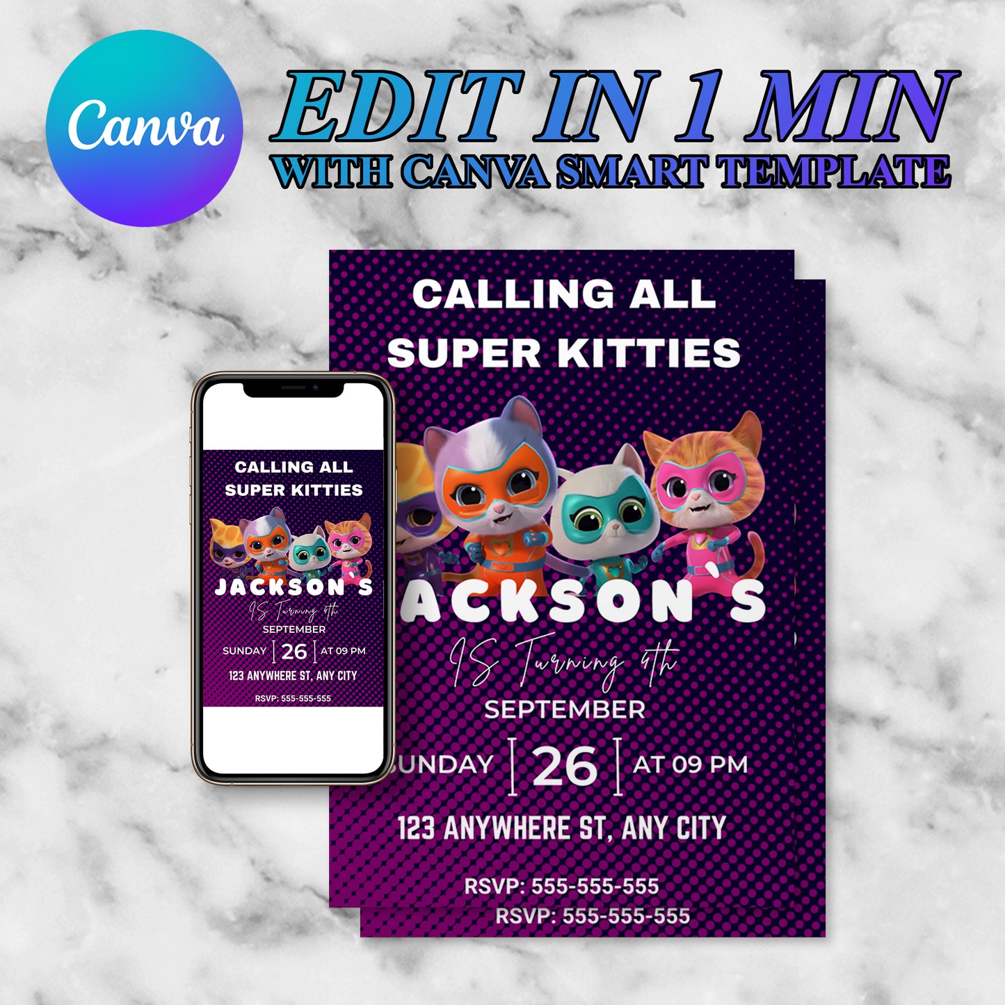 Superkitties Birthday Invitation Template - CreativeRino
