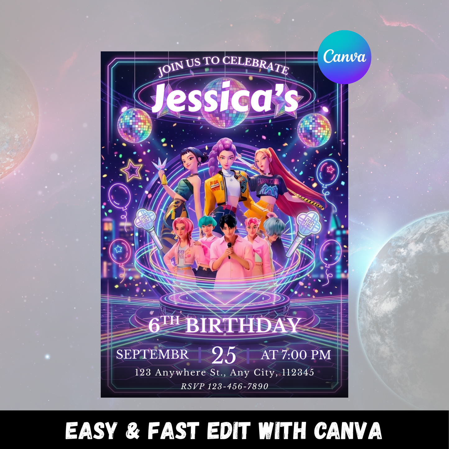 Kpop Demon Hunters Party Invite – Personalized Birthday Card Template CreativeRino