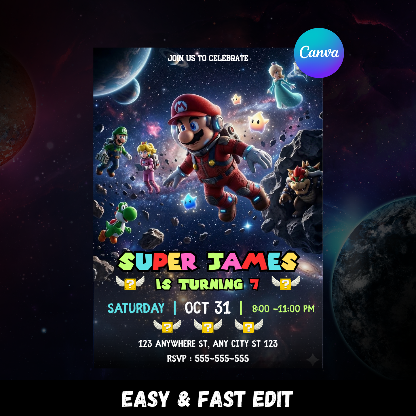 Mario Galaxy Birthday Invitation, Editable Astronaut Outer Space Party Canva Template CreativeRino
