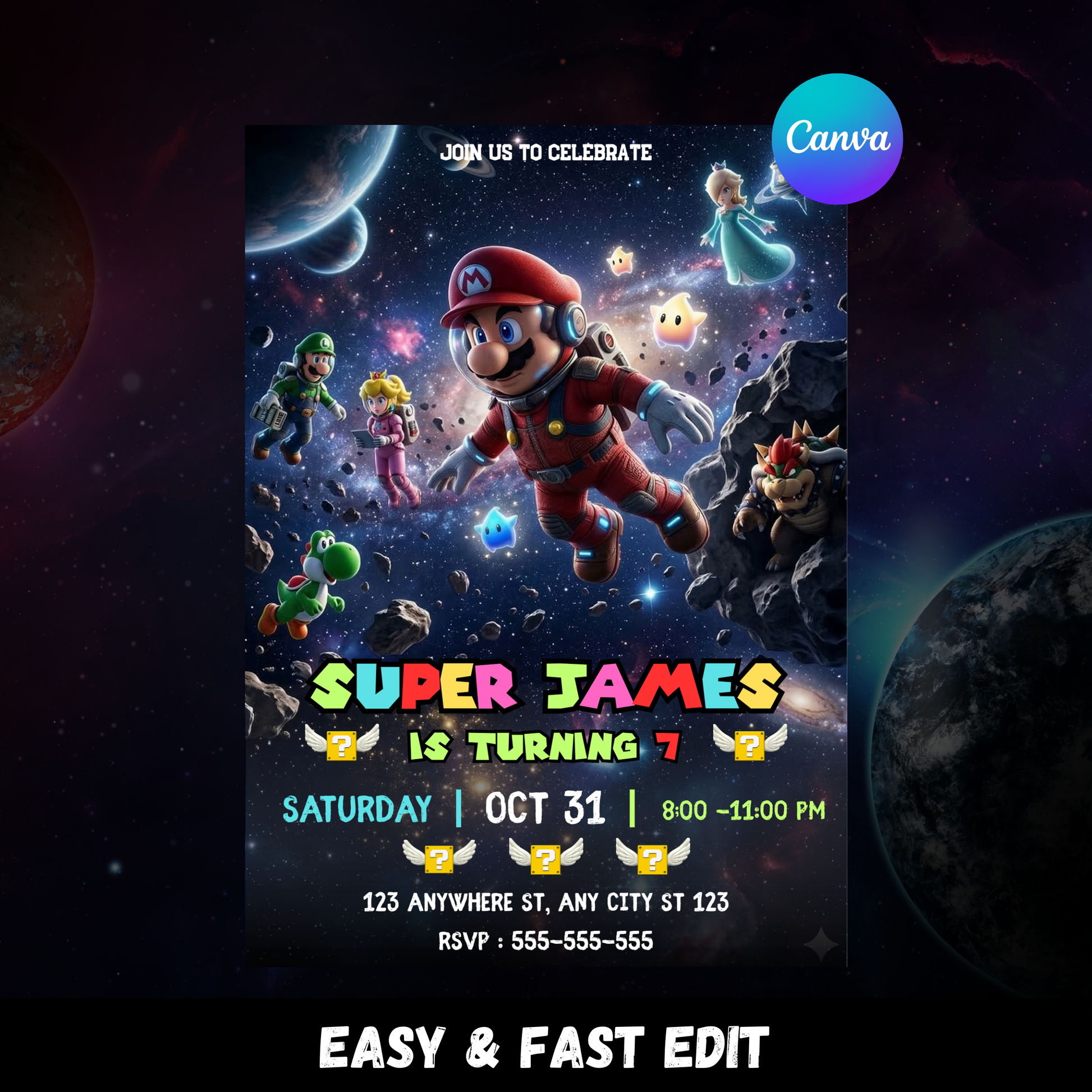 Mario Galaxy Birthday Invitation, Editable Astronaut Outer Space Party Canva Template CreativeRino