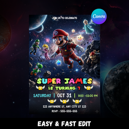 Mario Galaxy Birthday Invitation, Editable Astronaut Outer Space Party Canva Template CreativeRino