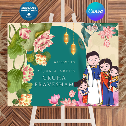 Gruhapravesham Welcome Sign Template | Indian Housewarming Welcome Sign CreativeRino