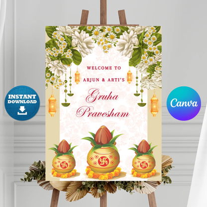 Gruhapravesham Welcome Sign Template | Indian Housewarming Welcome Sign CreativeRino