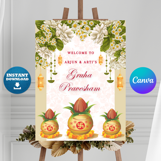 Gruhapravesham Welcome Sign Template | Indian Housewarming Welcome Sign