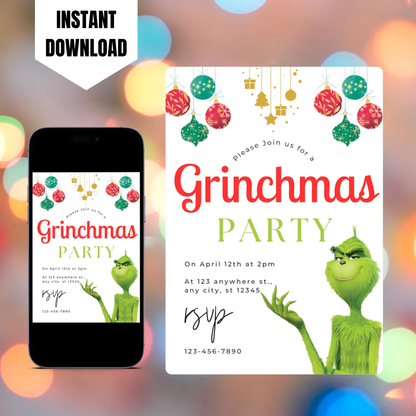 Grinchmas Christmas Party Invitation Template | Grinch Invite CreativeRino