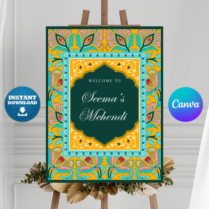 Mehndi Sign Template | Indian Wedding Welcome Sign CreativeRino