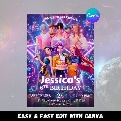 Kpop Demon Hunters Birthday Invitation – Aesthetic Party Invite Design CreativeRino