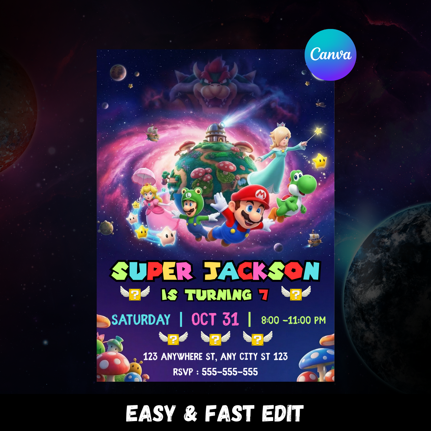 Super Mario Galaxy Birthday Invitation Template | Mario Space Theme Party Invite CreativeRino