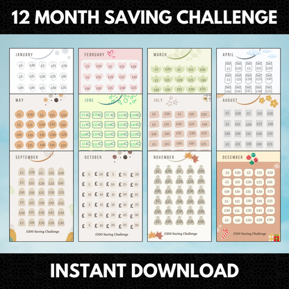 12 Month Saving Challenge Bundle | Pound Saving Challenge | Saving Money Challenge CreativeRino