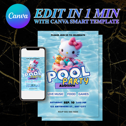 Kawaii Kitty Pool Birthday Party Invitation Template - CreativeRino