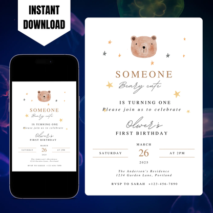 Teddy Bear Birthday Invitation Template | Someone Beary Cute Invite CreativeRino