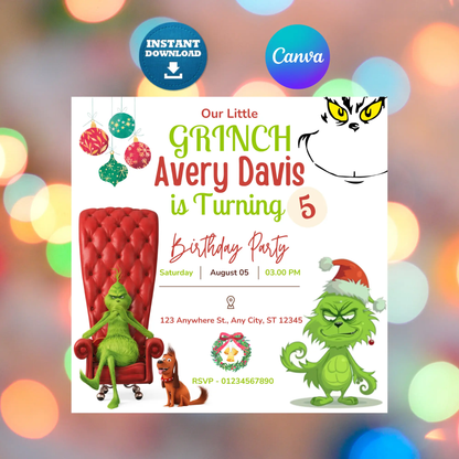 Baby Grinch Christmas Birthday Invitation Template CreativeRino