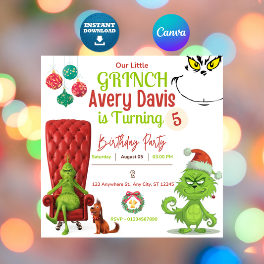 Baby Grinch Christmas Birthday Invitation Template