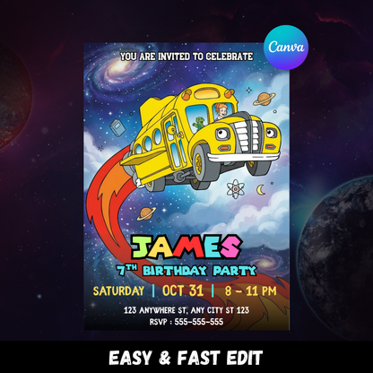 Magic School Bus Party Invitation Canva Editable | Kids Science Birthday Invite CreativeRino