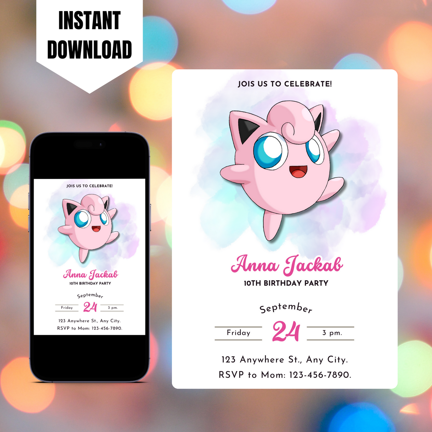 Jigglypuff Pokemon Birthday Invitation Template