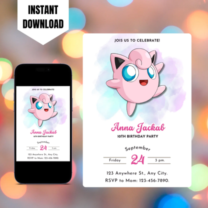 Jigglypuff Pokemon Birthday Invitation Template CreativeRino