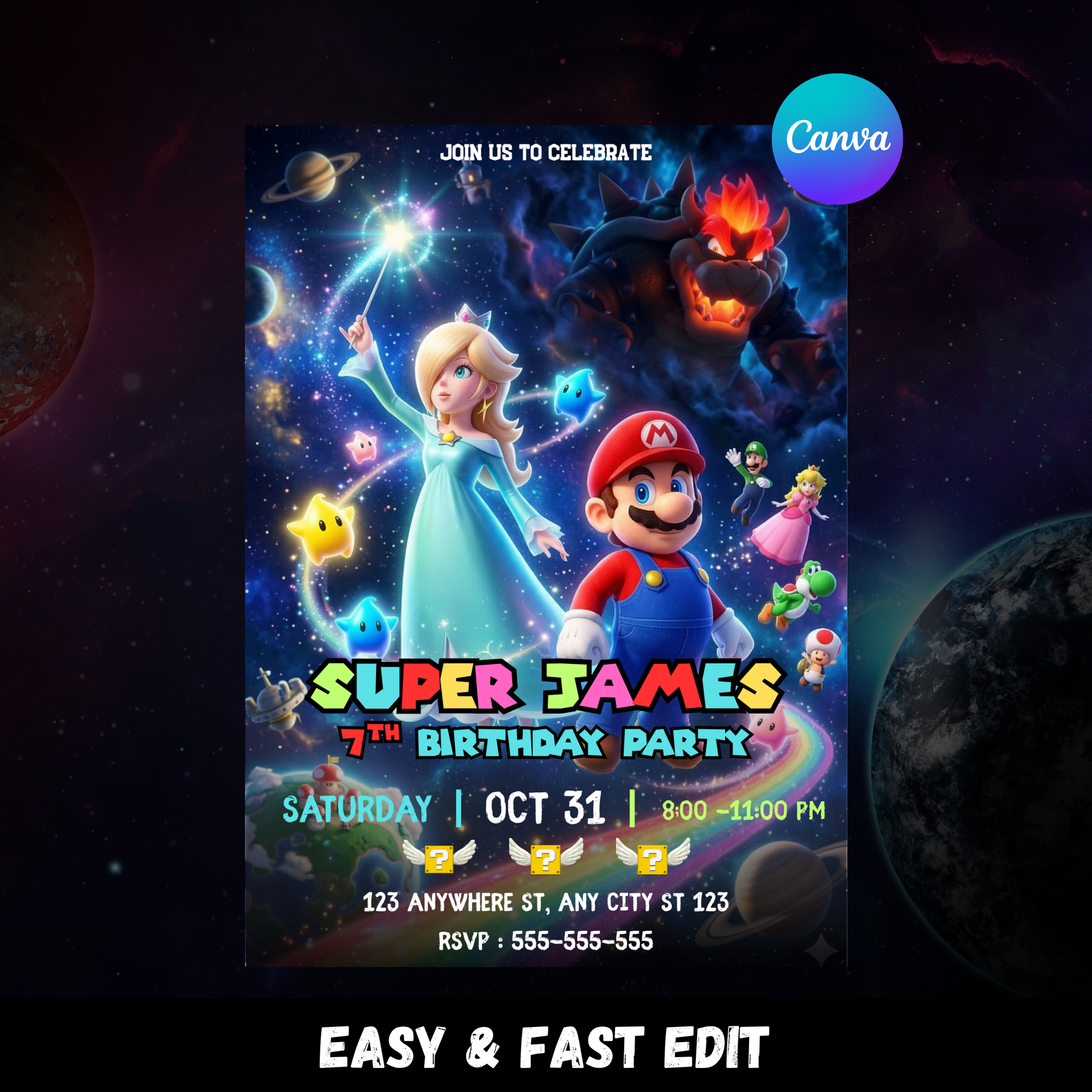 Princess Rosalina and Super Mario Galaxy Birthday Invitation, Editable Canva Template CreativeRino