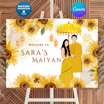 Maiyan Pithi Haldi Sign Template | Indian Wedding Welcome Sign CreativeRino