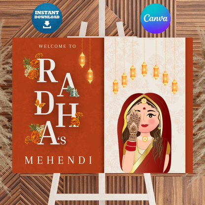 Mehndi Sign Template | Indian Wedding Welcome Sign CreativeRino