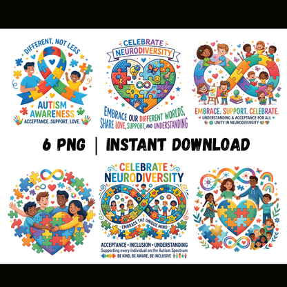 Autism Awareness PNG | Neurodiversity Puzzle Sublimation Design (6 PNG Files) CreativeRino