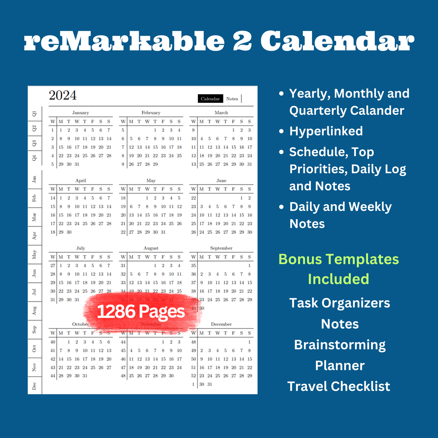 reMarkable 2 Monthly Calendar Planner Template