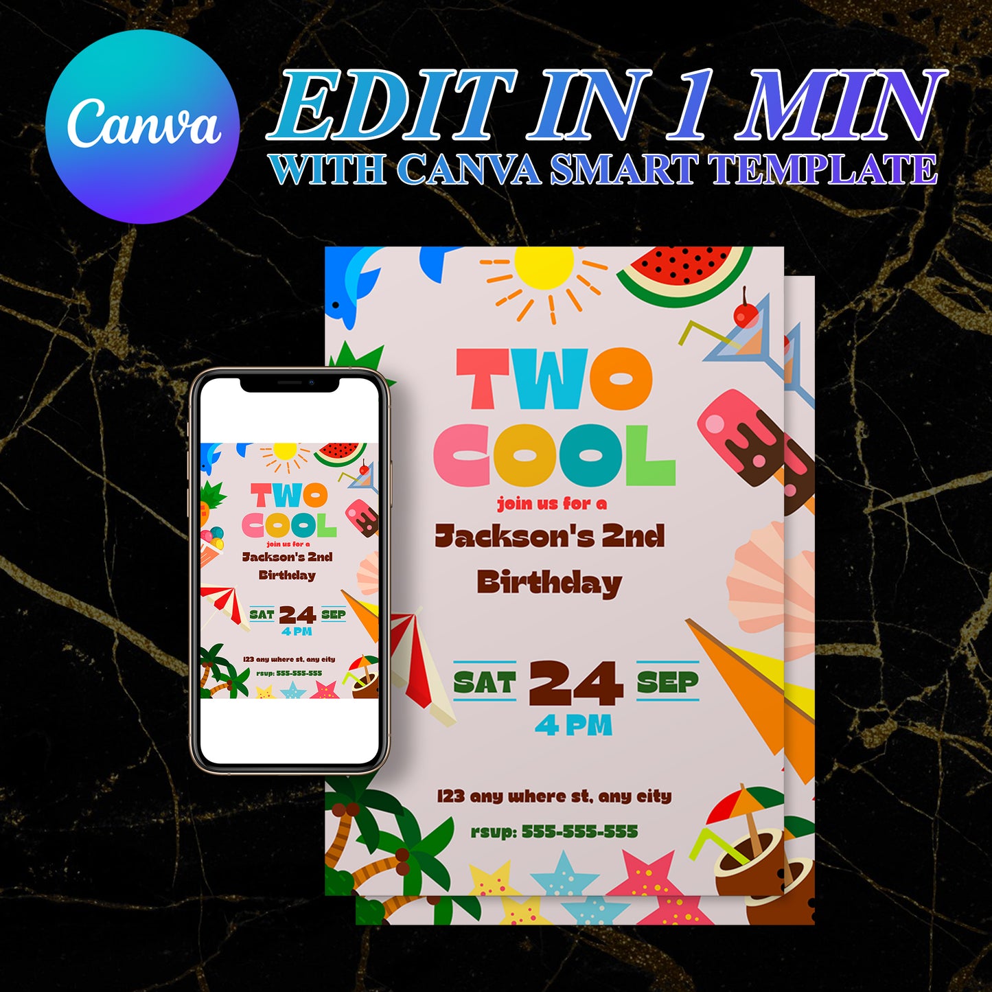 Two Cool Birthday Party Invitation | Two Cool Summer Invite Canva Template