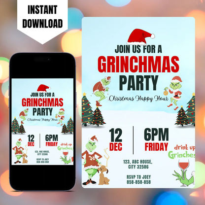 Grinchmas Christmas Party Invitation Template | Grinch Invite CreativeRino