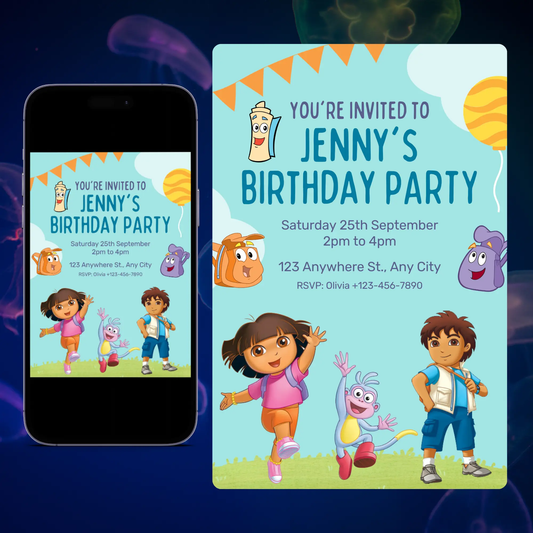 Dora and Diego Birthday Party Invitation Template CreativeRino