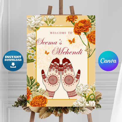 Mehndi Sign Template | Indian Wedding Welcome Sign CreativeRino