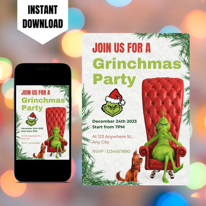Grinchmas Christmas Party Invitation Template | Grinch Invite CreativeRino