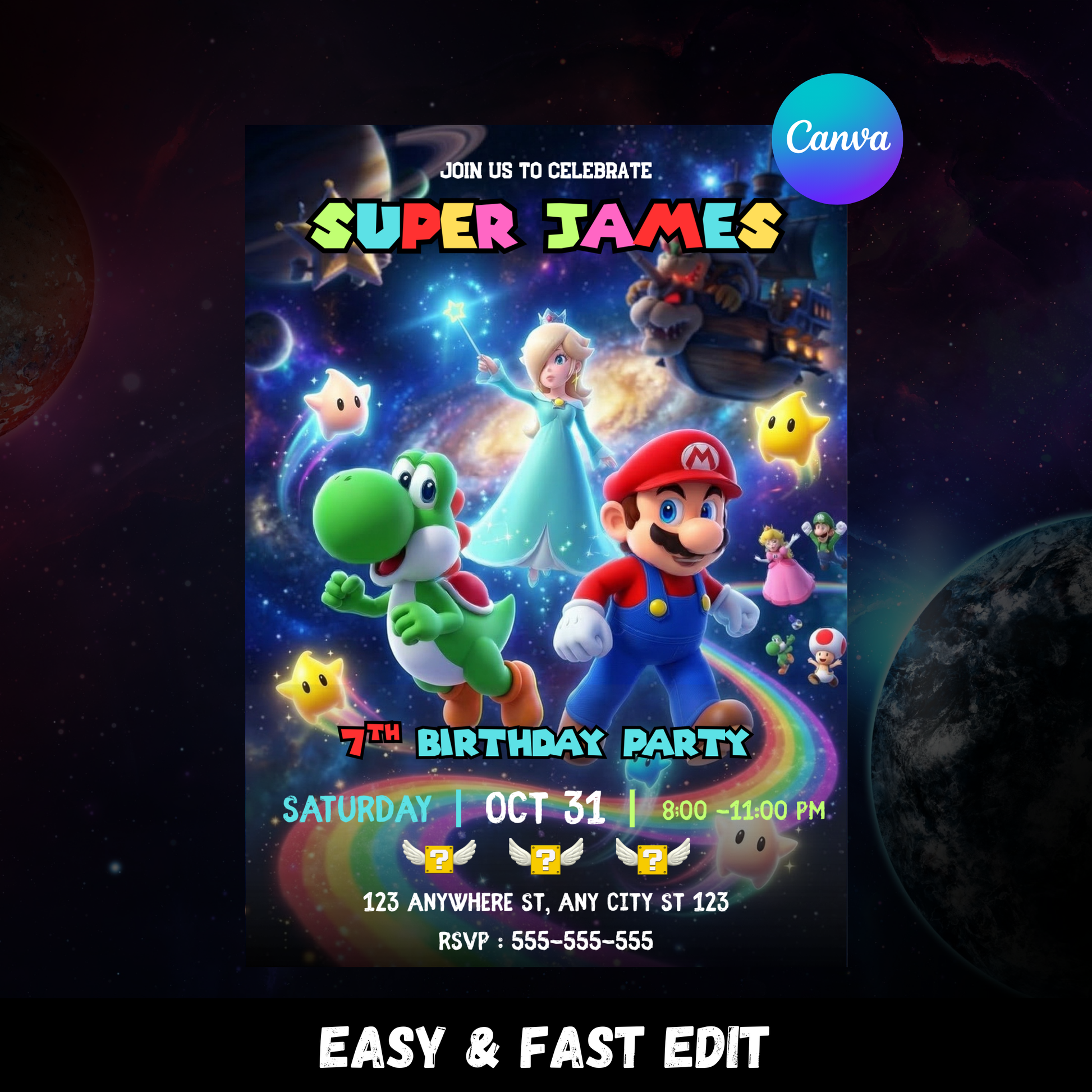 Yoshi Mario Galaxy Birthday Invitation, Editable Outer Space Party Invite Canva Template CreativeRino