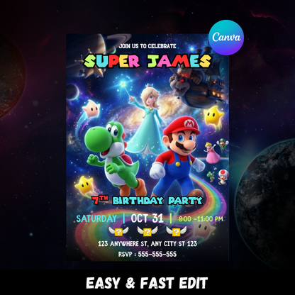 Yoshi Mario Galaxy Birthday Invitation, Editable Outer Space Party Invite Canva Template CreativeRino
