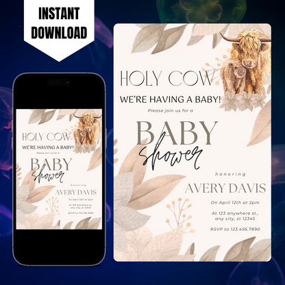 Boho Highland Cow Baby Shower Invitation Template CreativeRino