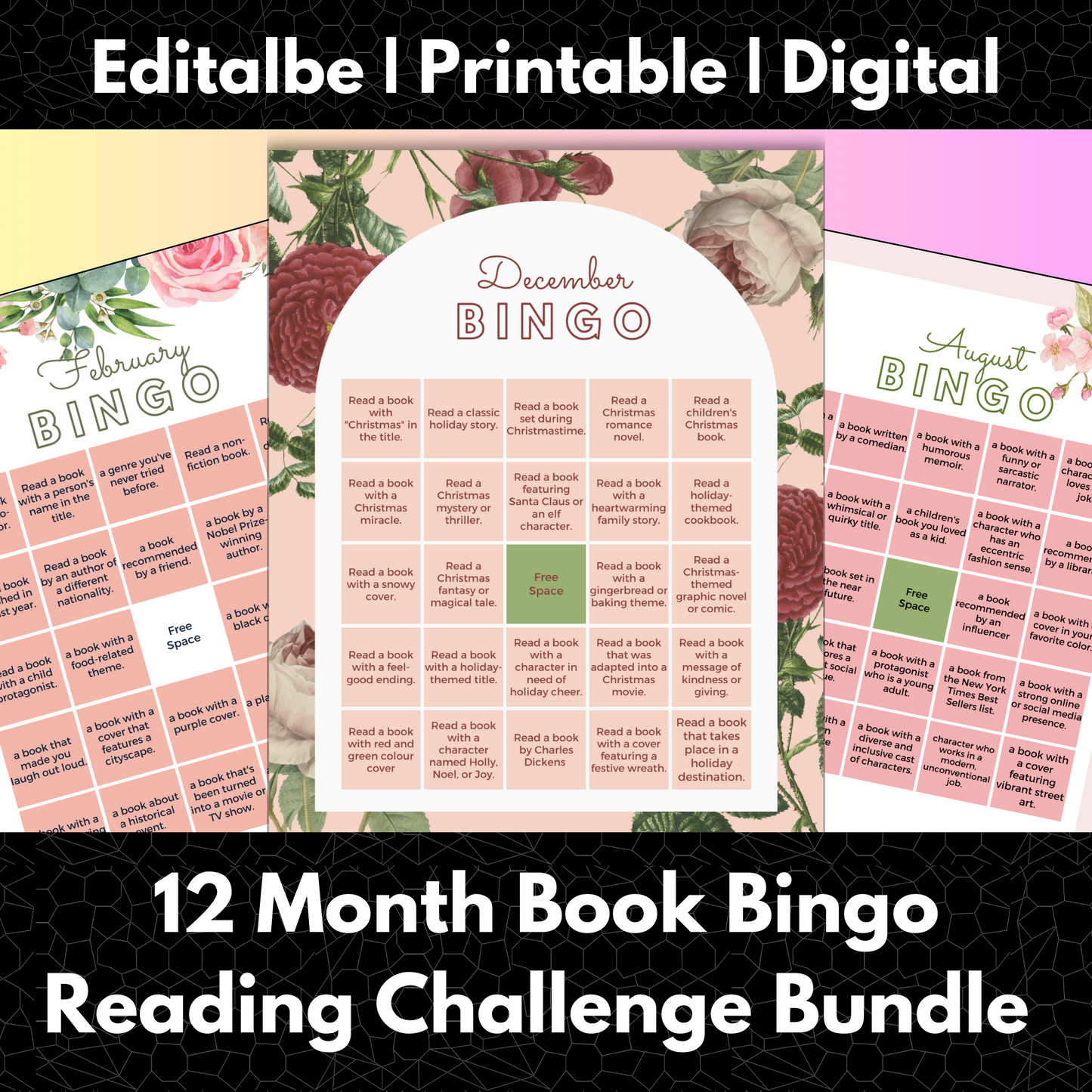 12 Month Book Bingo Reading Challenge Template | Monthly Reading Challenge