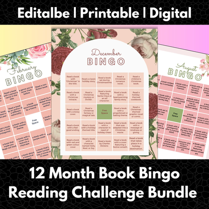 12 Month Book Bingo Reading Challenge Template | Monthly Reading Challenge CreativeRino