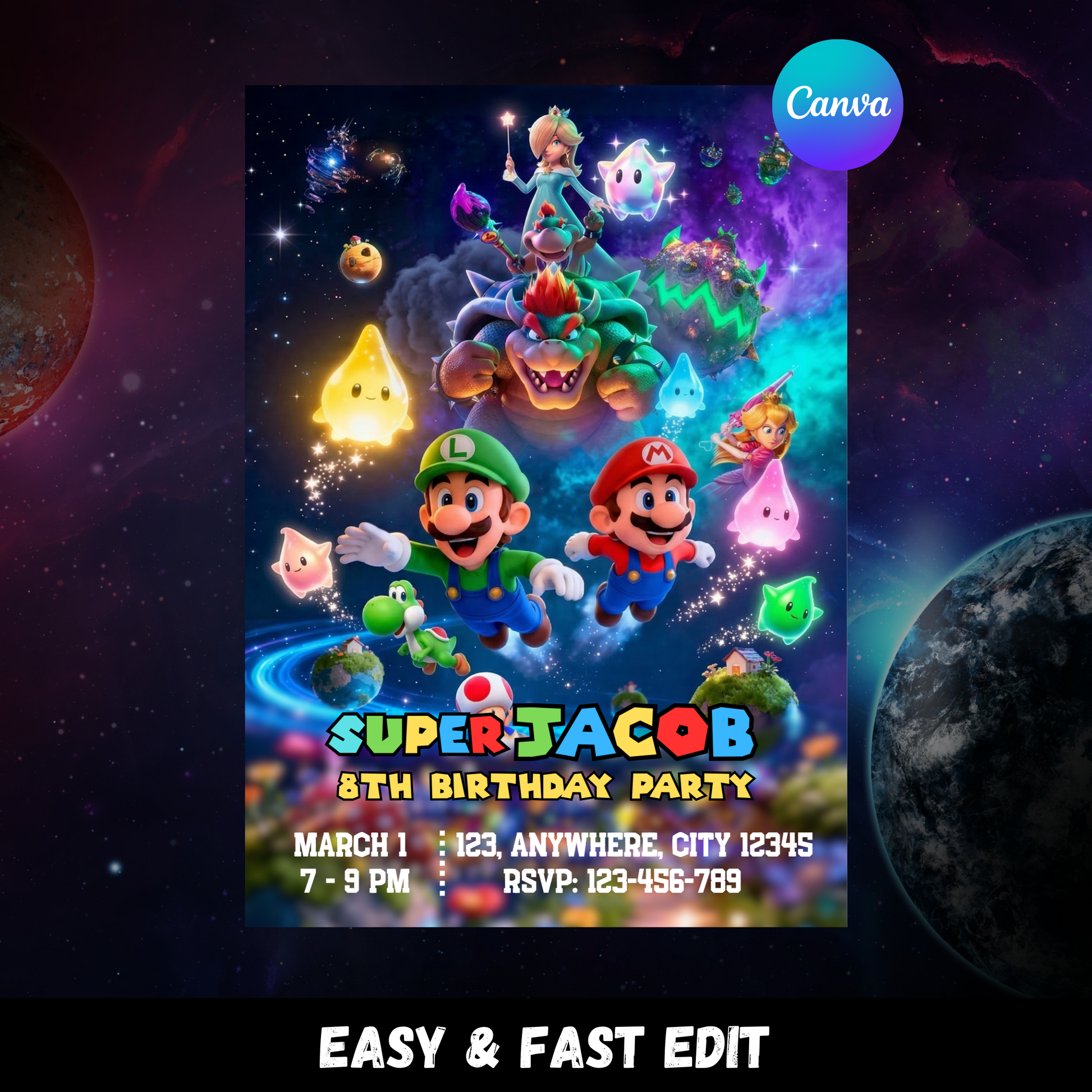 Printable Super Mario Galaxy Birthday Invitation | Mario Video Game Party Invite | Editable Mario Space Theme Invitation CreativeRino