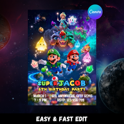 Printable Super Mario Galaxy Birthday Invitation | Mario Video Game Party Invite | Editable Mario Space Theme Invitation CreativeRino