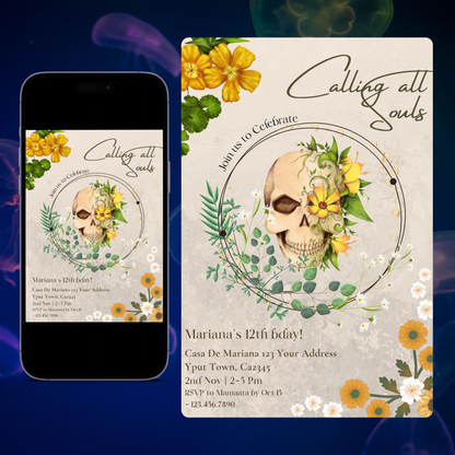 Day of the Dead Birthday Invitation Template | Calling all Souls Sugar Skull Invite CreativeRino
