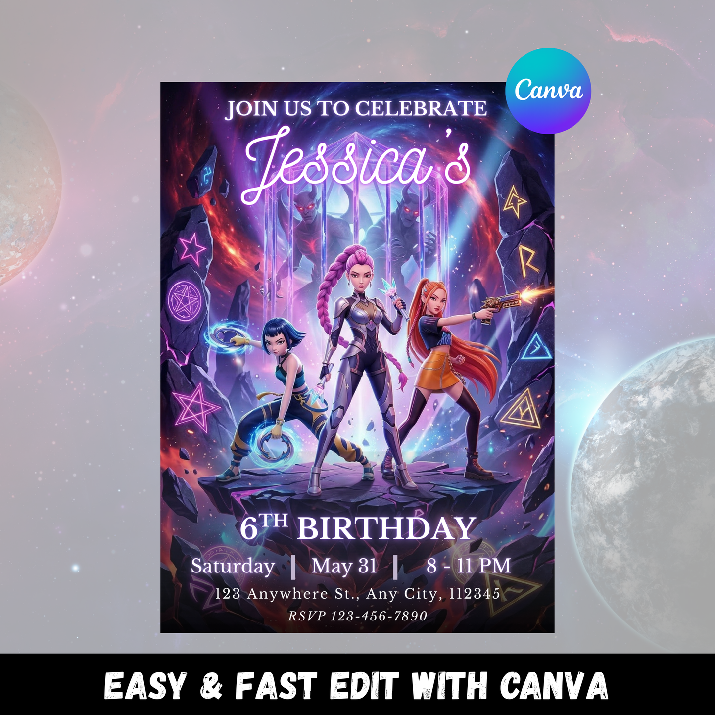 Demon Hunters Kpop Theme Birthday Invite – Instant Printable CreativeRino