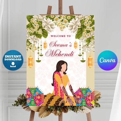 Mehndi Sign Template | Indian Wedding Welcome Sign - CreativeRino