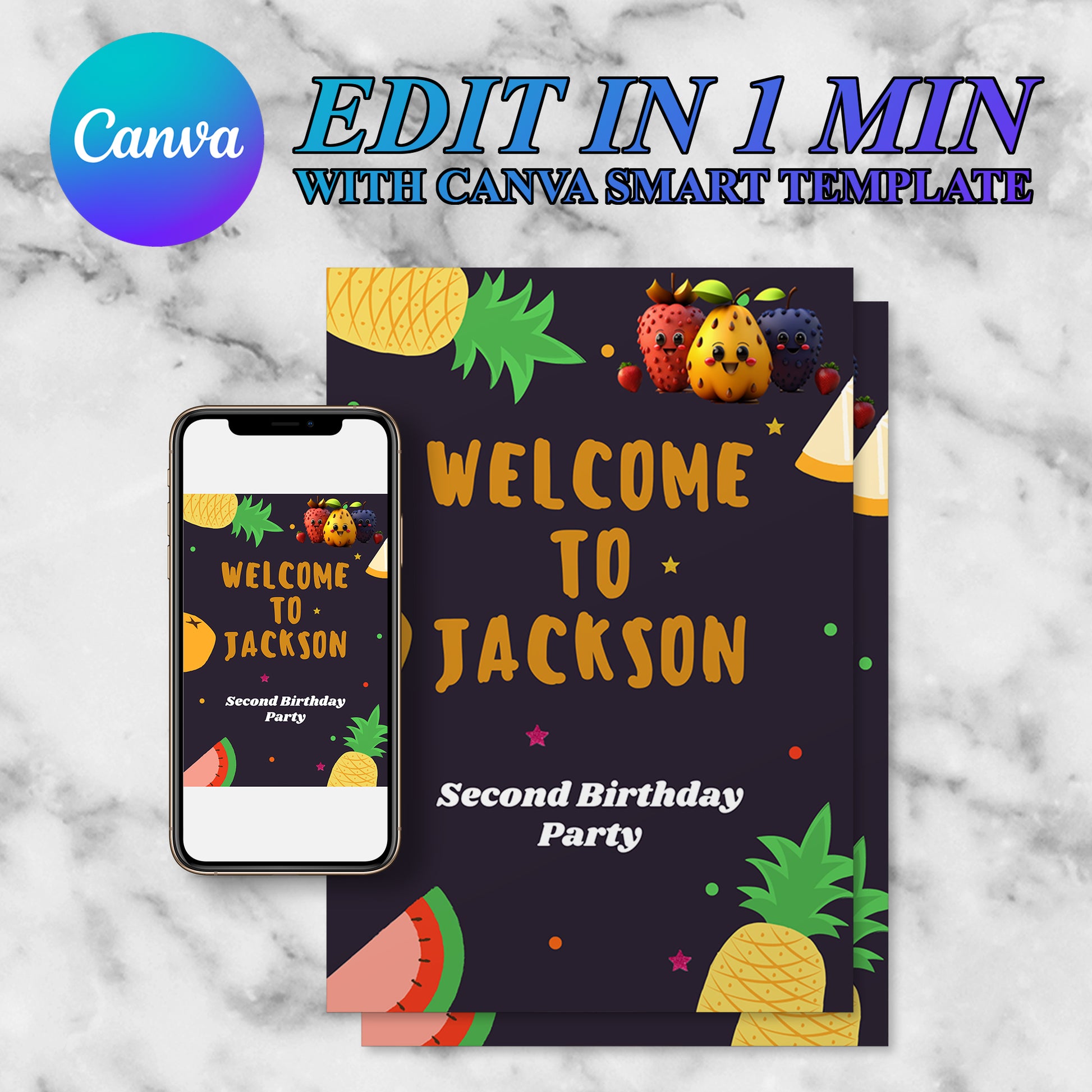Hey Bear Dancing Fruit Birthday Welcome Sign Template - CreativeRino