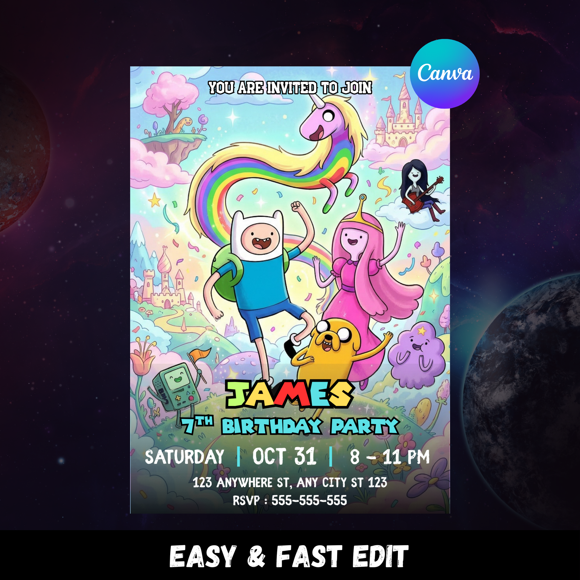 Adventure Time Birthday Invitation Editable Canva Template | Finn & Jake Party Invite CreativeRino