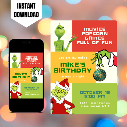 Grinch Christmas Birthday Invitation Template CreativeRino