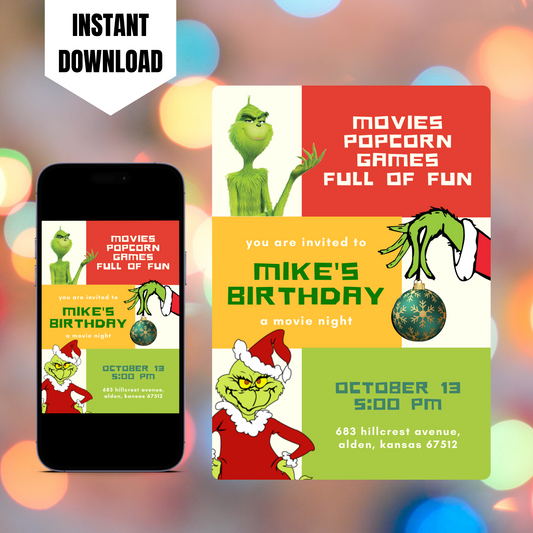 Grinch Christmas Birthday Invitation Template