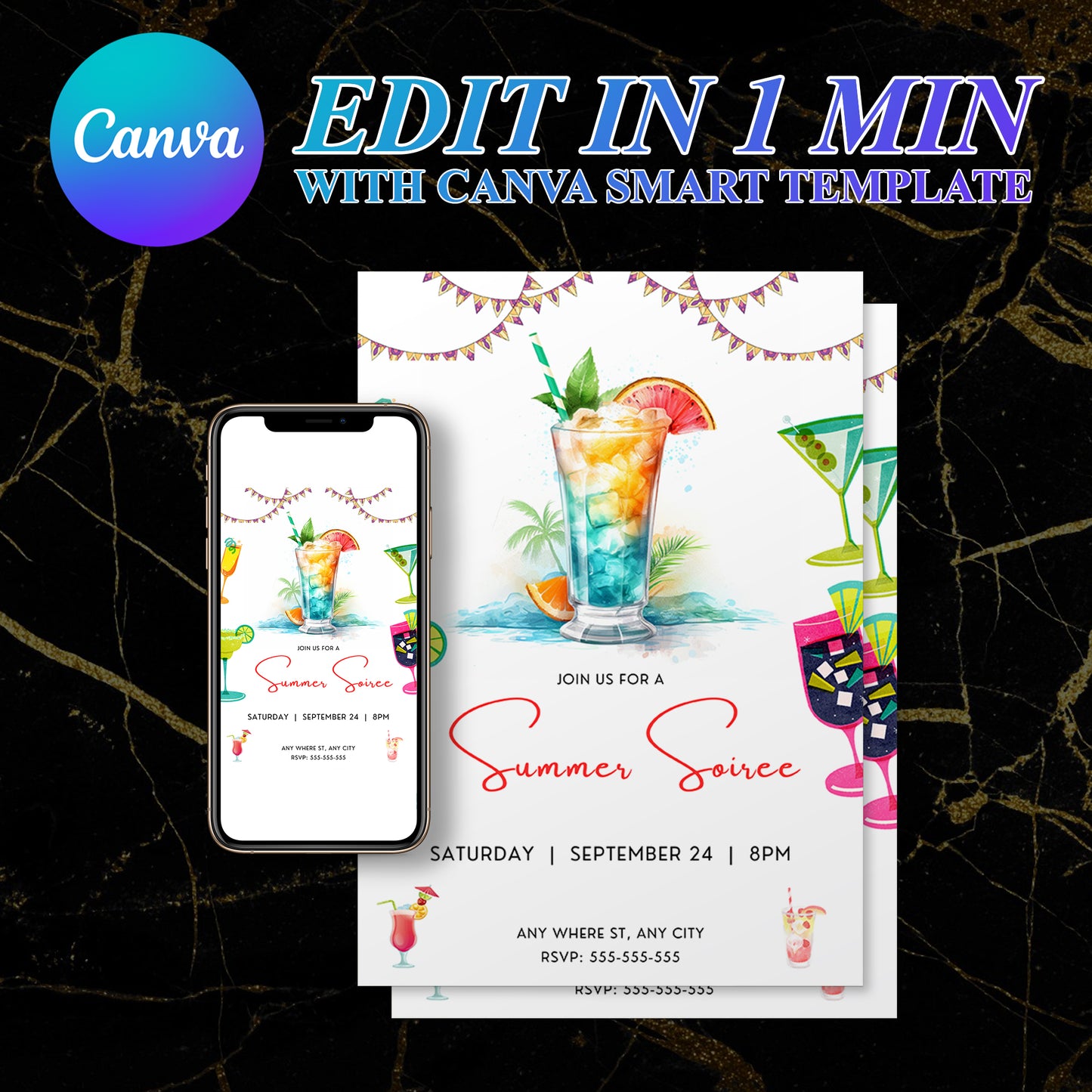 Summer Soiree Party Invitation | Cocktail Party Invite Canva Template