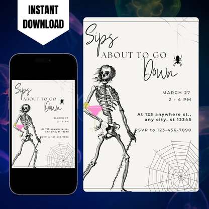 Sips About to Go Down Skeleton Halloween Invitation Template CreativeRino