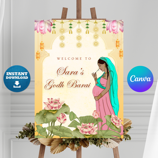 Godh Bharai Ceremony Sign Template | Indian Baby Shower Welcome Sign