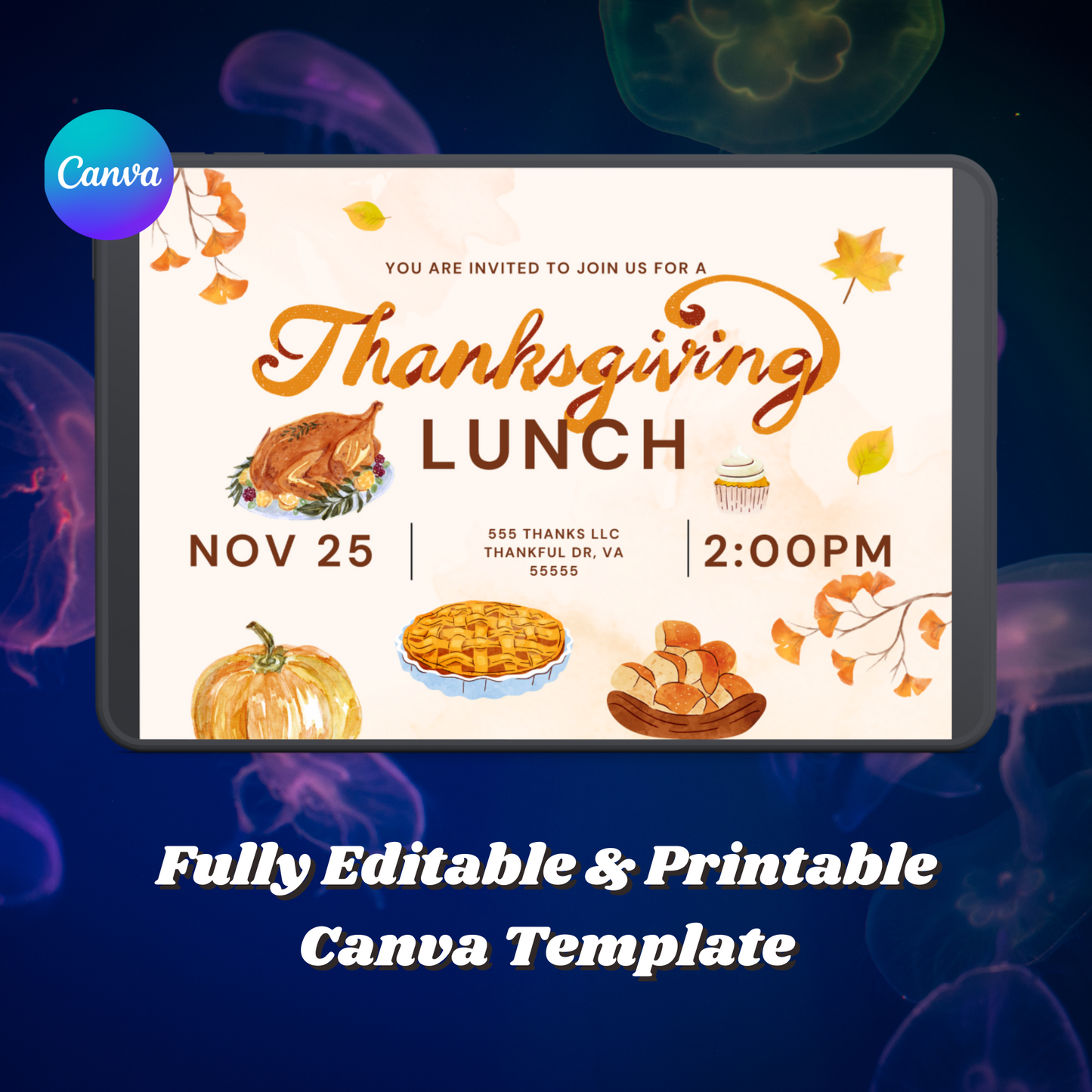 Fall Thanksgiving Lunch Party Invitation Template | Thanksgiving Luncheon Invite