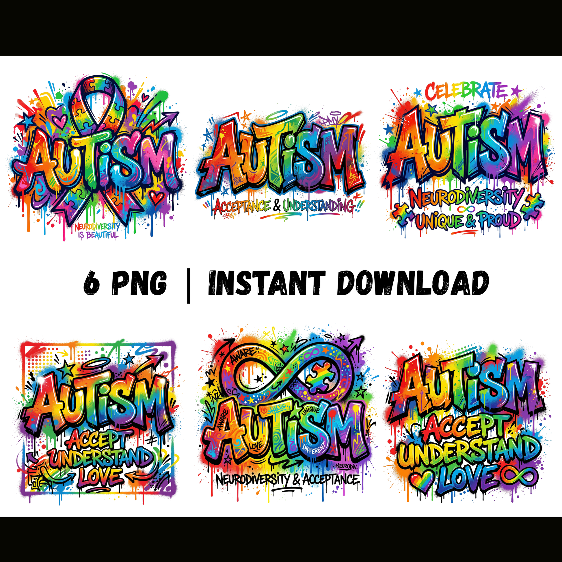 Accept Understand Love Autism Awareness PNG | Rainbow Graffiti Sublimation Design (6 PNG Files) CreativeRino